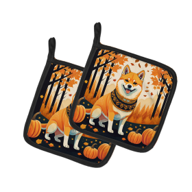 Autumn Leaves Pair of Pot Holders (Design: Shiba Inu, size: 7.5HX7.5W)