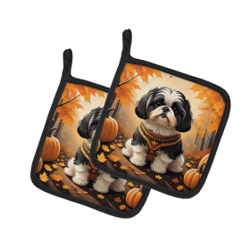 Autumn Leaves Pair of Pot Holders (Design: Shih Tzu, size: 7.5HX7.5W)