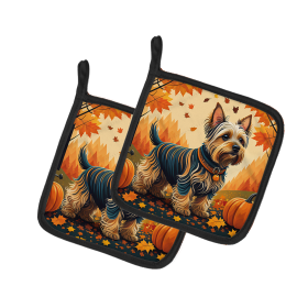 Autumn Leaves Pair of Pot Holders (Design: Silky Terrier, size: 7.5HX7.5W)