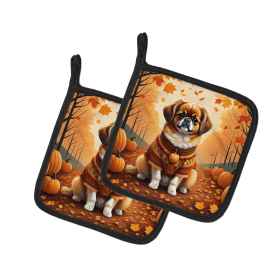 Autumn Leaves Pair of Pot Holders (Design: Tibetan Spaniel, size: 7.5HX7.5W)