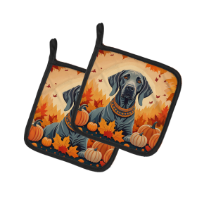 Autumn Leaves Pair of Pot Holders (Design: Weimaraner, size: 7.5HX7.5W)