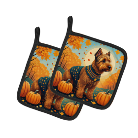 Autumn Leaves Pair of Pot Holders (Design: Welsh Terrier, size: 7.5HX7.5W)