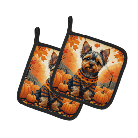 Autumn Leaves Pair of Pot Holders (Design: Yorkshire Terrier, size: 7.5HX7.5W)