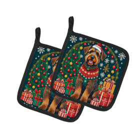 Enchanted Christmas Pair of Pot Holders (Design: Airedale Terrier, size: 7.5HX7.5W)