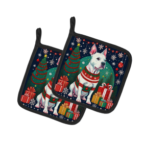 Enchanted Christmas Pair of Pot Holders (Design: Pit Bull Terrier White, size: 7.5HX7.5W)