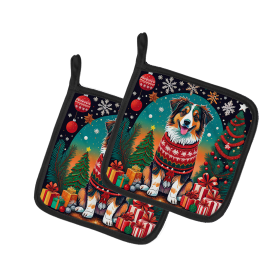 Enchanted Christmas Pair of Pot Holders (Design: Australian Shepherd, size: 7.5HX7.5W)