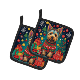Enchanted Christmas Pair of Pot Holders (Design: Australian Terrier, size: 7.5HX7.5W)