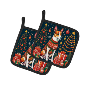 Enchanted Christmas Pair of Pot Holders (Design: Basenji, size: 7.5HX7.5W)