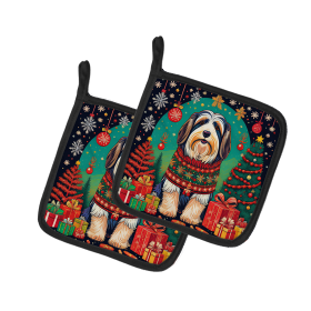 Enchanted Christmas Pair of Pot Holders (Design: Bearded Collie, size: 7.5HX7.5W)