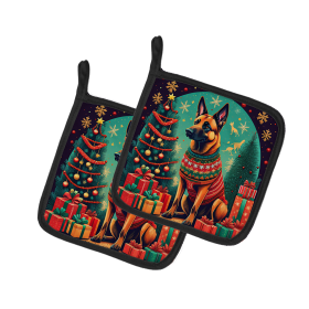 Enchanted Christmas Pair of Pot Holders (Design: Belgian Malinois, size: 7.5HX7.5W)