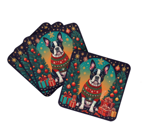 Enchanted Christmas Foam Coasters (Design: Boston Terrier, size: 3.5)