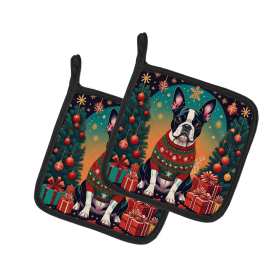 Enchanted Christmas Pair of Pot Holders (Design: Boston Terrier, size: 7.5HX7.5W)