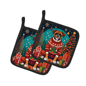 Enchanted Christmas Pair of Pot Holders (Design: Boxer, size: 7.5HX7.5W)