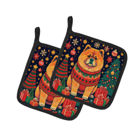 Enchanted Christmas Pair of Pot Holders (Design: Chow Chow, size: 7.5HX7.5W)