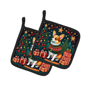 Enchanted Christmas Pair of Pot Holders (Design: Corgi, size: 7.5HX7.5W)
