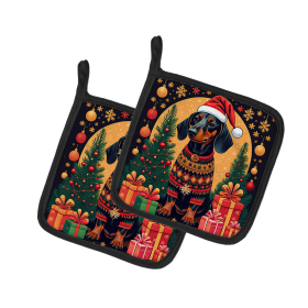Enchanted Christmas Pair of Pot Holders (Design: Dachshund Black and Tan, size: 7.5HX7.5W)