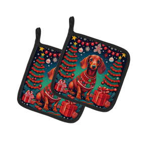 Enchanted Christmas Pair of Pot Holders (Design: Dachshund, size: 7.5HX7.5W)