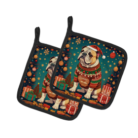 Enchanted Christmas Pair of Pot Holders (Design: English Bulldog 1121, size: 7.5HX7.5W)