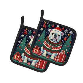 Enchanted Christmas Pair of Pot Holders (Design: English Bulldog White, size: 7.5HX7.5W)