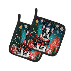 Enchanted Christmas Pair of Pot Holders (Design: French Bulldog Black and White, size: 7.5HX7.5W)