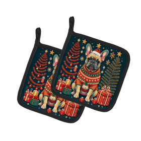 Enchanted Christmas Pair of Pot Holders (Design: French Bulldog Fawn, size: 7.5HX7.5W)