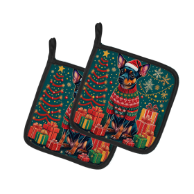 Enchanted Christmas Pair of Pot Holders (Design: Miniature Pinscher, size: 7.5HX7.5W)