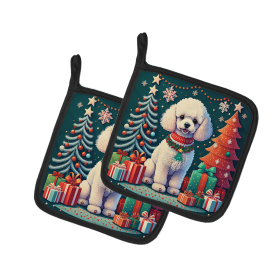 Enchanted Christmas Pair of Pot Holders (Design: Poodle White Toy, size: 7.5HX7.5W)