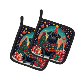 Enchanted Christmas Pair of Pot Holders (Design: Pug Black, size: 7.5HX7.5W)