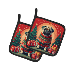 Enchanted Christmas Pair of Pot Holders (Design: Pug Fawn, size: 7.5HX7.5W)