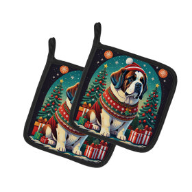 Enchanted Christmas Pair of Pot Holders (Design: Saint Bernard, size: 7.5HX7.5W)