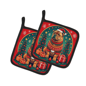 Enchanted Christmas Pair of Pot Holders (Design: Shar Pei, size: 7.5HX7.5W)