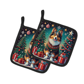 Enchanted Christmas Pair of Pot Holders (Design: Sheltie, size: 7.5HX7.5W)