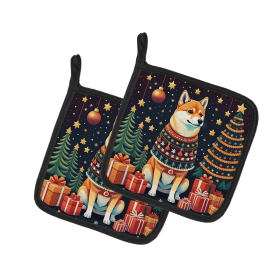 Enchanted Christmas Pair of Pot Holders (Design: Shiba Inu, size: 7.5HX7.5W)