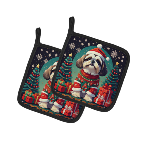 Enchanted Christmas Pair of Pot Holders (Design: Shih Tzu, size: 7.5HX7.5W)