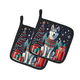 Enchanted Christmas Pair of Pot Holders (Design: Siberian Husky, size: 7.5HX7.5W)