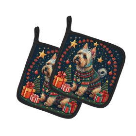 Enchanted Christmas Pair of Pot Holders (Design: Silky Terrier, size: 7.5HX7.5W)