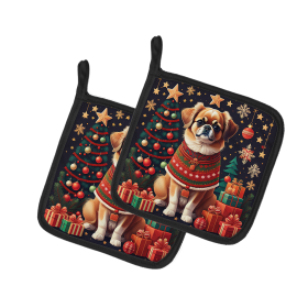 Enchanted Christmas Pair of Pot Holders (Design: Tibetan Spaniel, size: 7.5HX7.5W)
