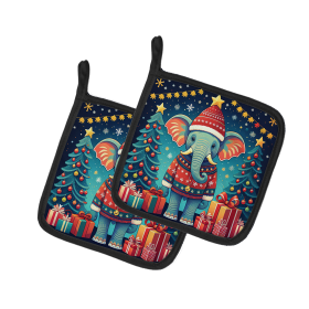 Animal Christmas Pair of Pot Holders (Design: Elephant 1177, size: 7.5HX7.5W)