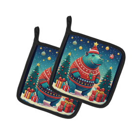 Animal Christmas Pair of Pot Holders (Design: Hippopotamus 1185, size: 7.5HX7.5W)