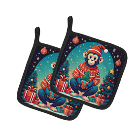 Animal Christmas Pair of Pot Holders (Design: Monkey 1194, size: 7.5HX7.5W)