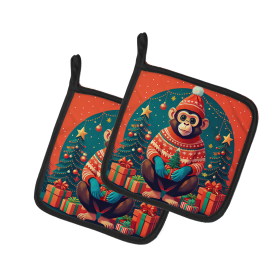 Animal Christmas Pair of Pot Holders (Design: Monkey 1195, size: 7.5HX7.5W)