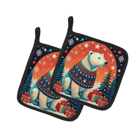 Animal Christmas Pair of Pot Holders (Design: Polar Bear 1202, size: 7.5HX7.5W)