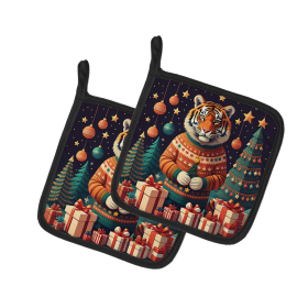 Animal Christmas Pair of Pot Holders (Design: Tiger 1205, size: 7.5HX7.5W)