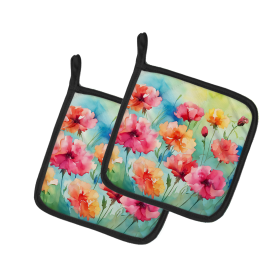Flowers in Watercolor Pair of Pot Holders (Design: Carnations 1548, size: 7.5HX7.5W)