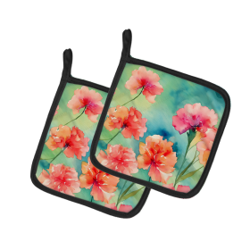 Flowers in Watercolor Pair of Pot Holders (Design: Carnations 1549, size: 7.5HX7.5W)