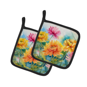 Flowers in Watercolor Pair of Pot Holders (Design: Chrysanthemums 1550, size: 7.5HX7.5W)