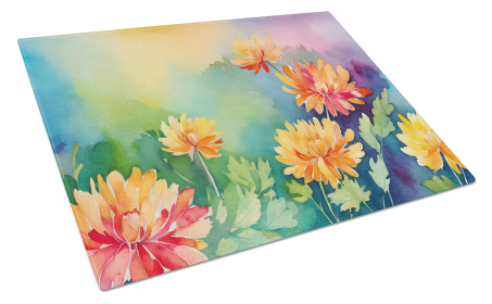 Flowers in Watercolor Glass Cutting Board (Dog Breed: Chrysanthemums 1552, size: large)
