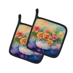 Flowers in Watercolor Pair of Pot Holders (Design: Chrysanthemums 1553, size: 7.5HX7.5W)