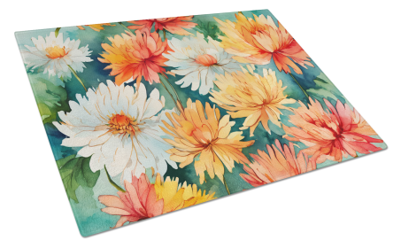 Flowers in Watercolor Glass Cutting Board (Dog Breed: Chrysanthemums 1554, size: large)