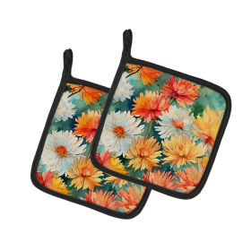 Flowers in Watercolor Pair of Pot Holders (Design: Chrysanthemums 1554, size: 7.5HX7.5W)